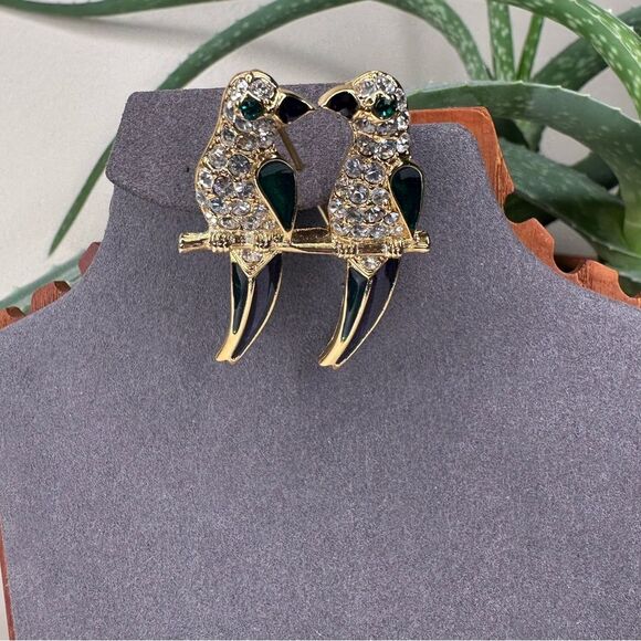Vtg Erwin Pearl Parrot Brooch for Saks Fifth Ave Rhinestone Enamel Lovebirds Pin - Picture 4 of 8